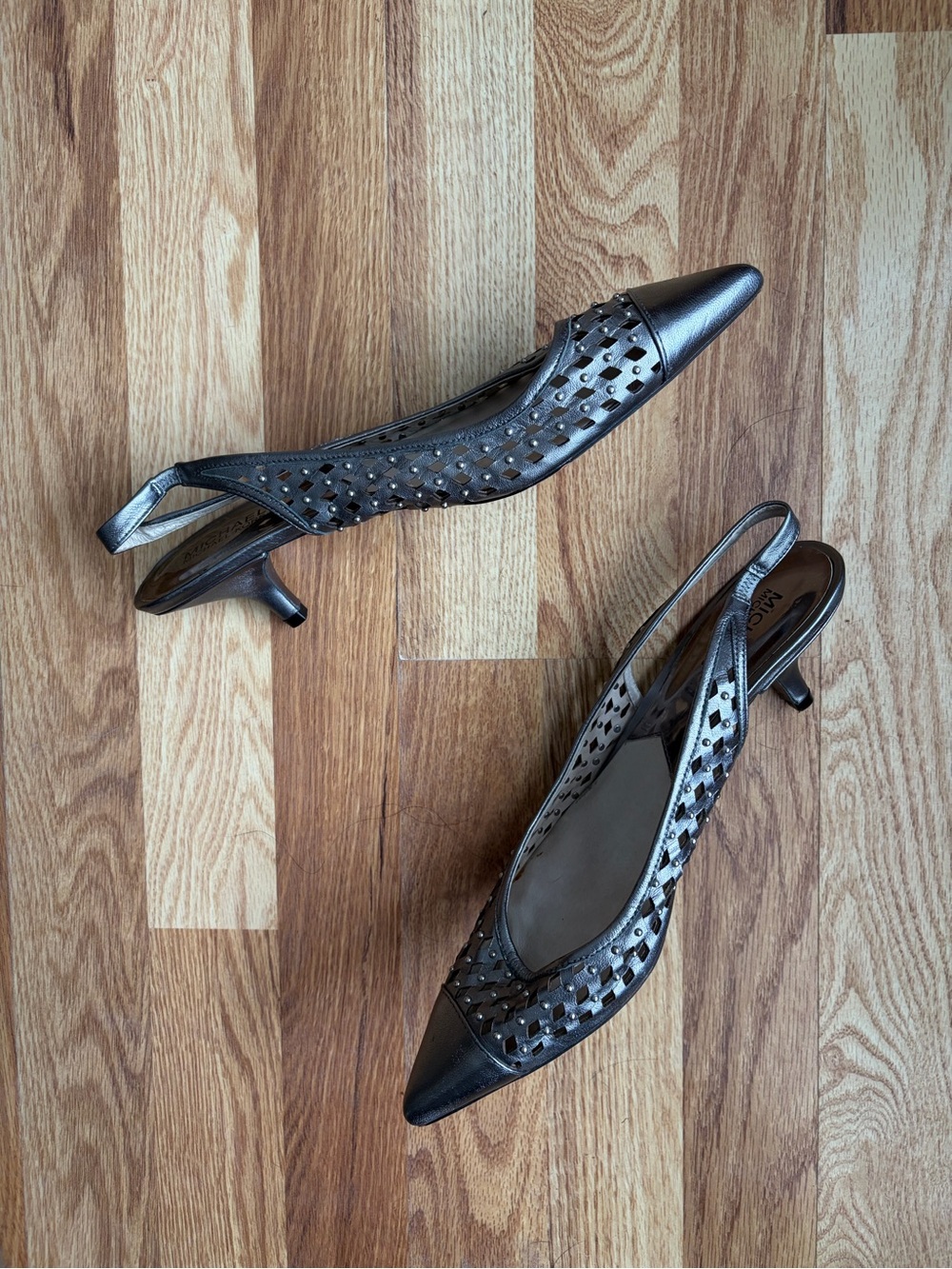 Y2K Style Michael Kors Metallic Gray Pointed Slingback Kitten Heels